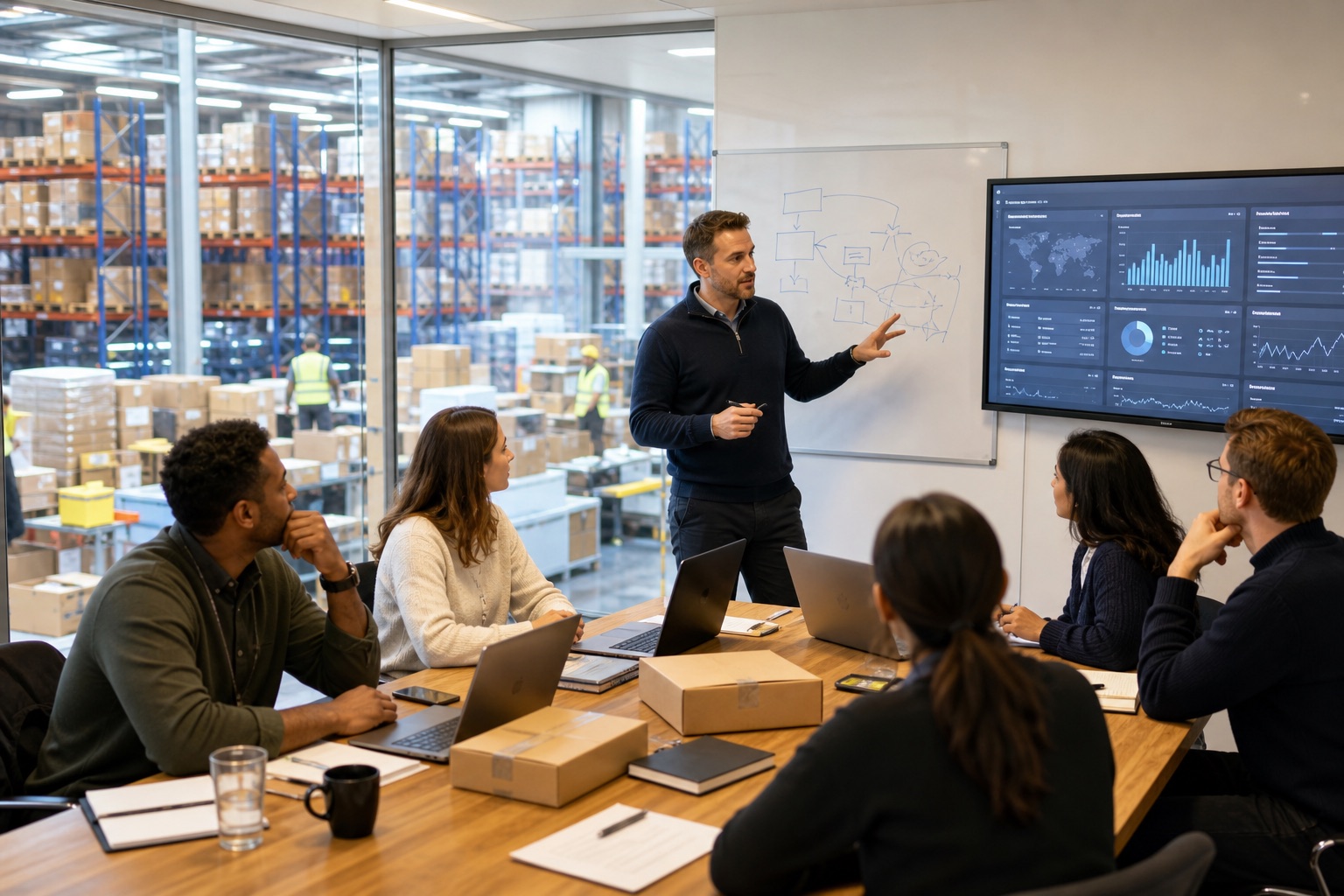 Business academy workshop overlooking an ecommerce fulfilment warehouse