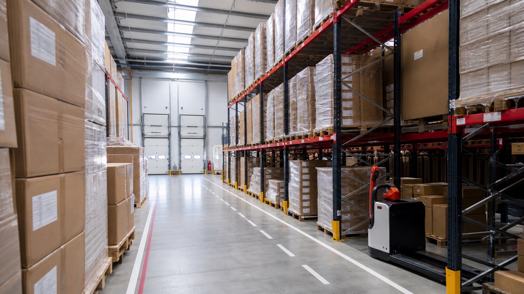 Palletised goods and boxed stock stored inside a UK warehouse