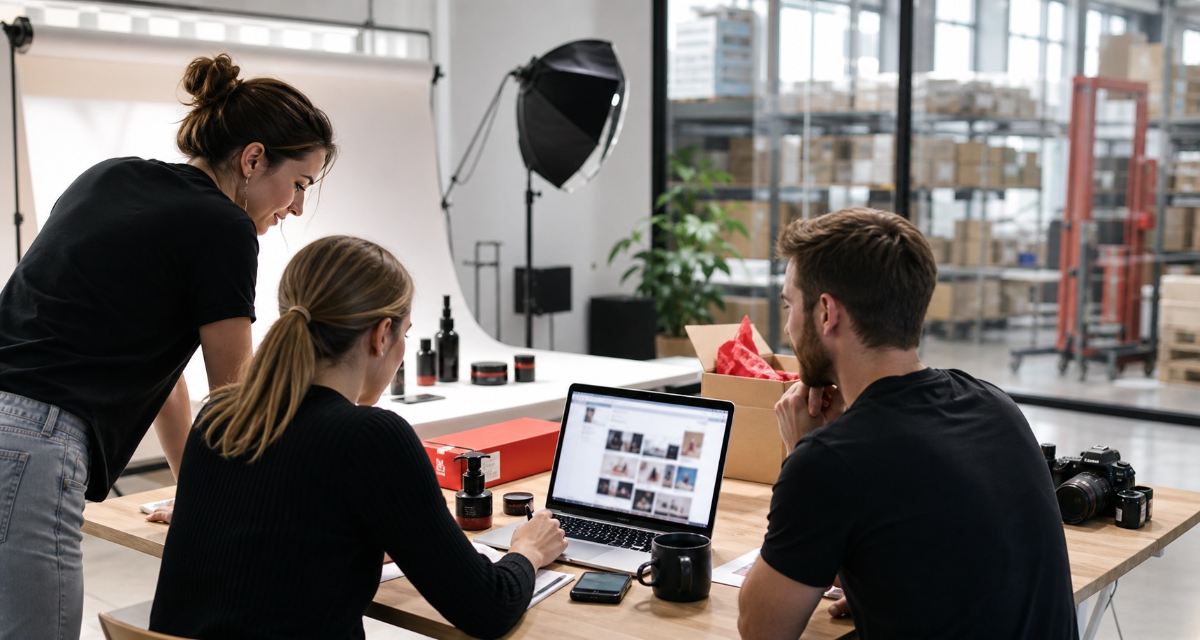 Ecommerce team planning social media content in a product studio